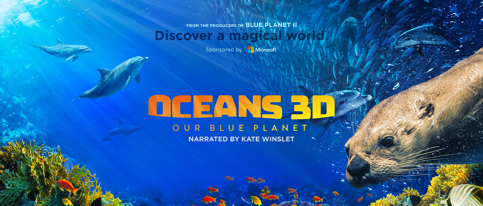 Deep blue underwater scene with a sea otter in the foreground. Text reads "From the Producers of Blue Planet 2, Discover a New World — Oceans 3D: Our Blue Planet, Narrated by Kate Winslet"