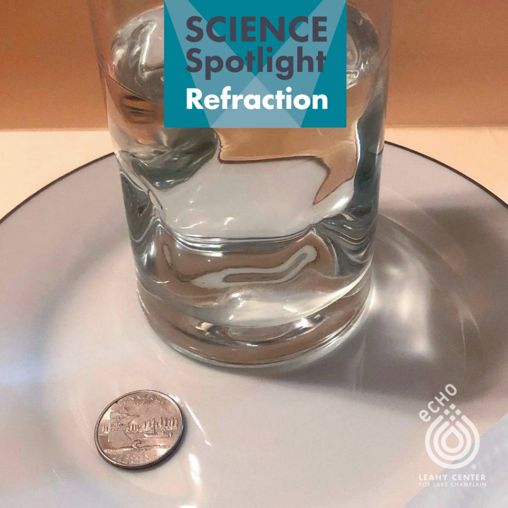 Glass of water and a quarter on a plate--materials to test refraction