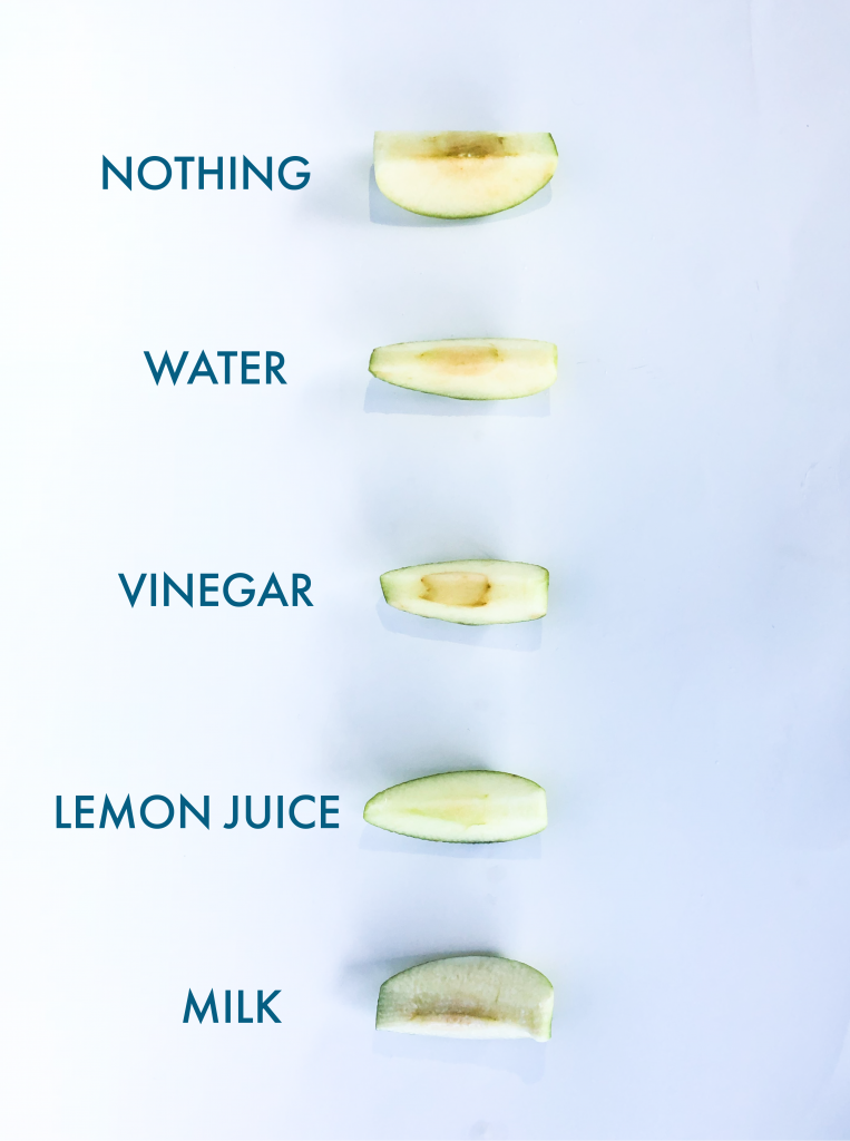 Testing Oxidation in apples with water, vinegar, lemon juice, milk