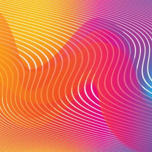 Wavy pattern of sound waves. Colors are gradients from orange to pink and purple