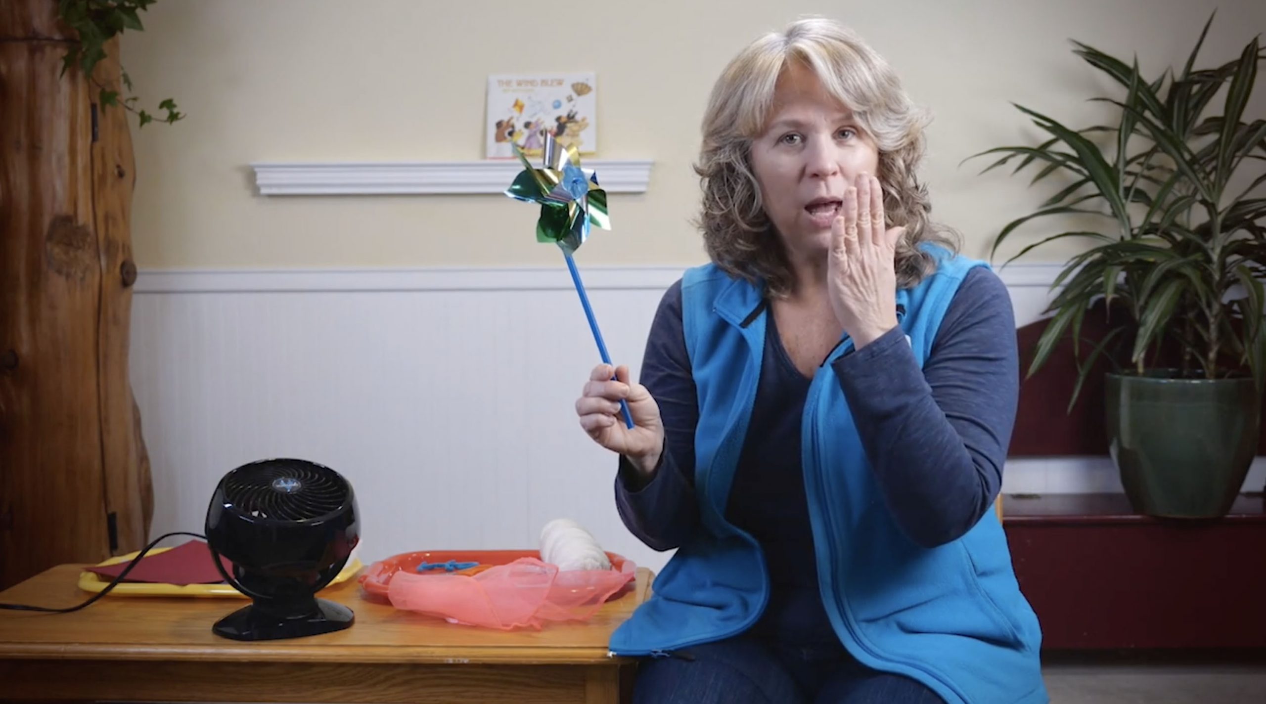 Elizabeth with blonde hair and blue ECHO vest is holding a pinwheel and fan