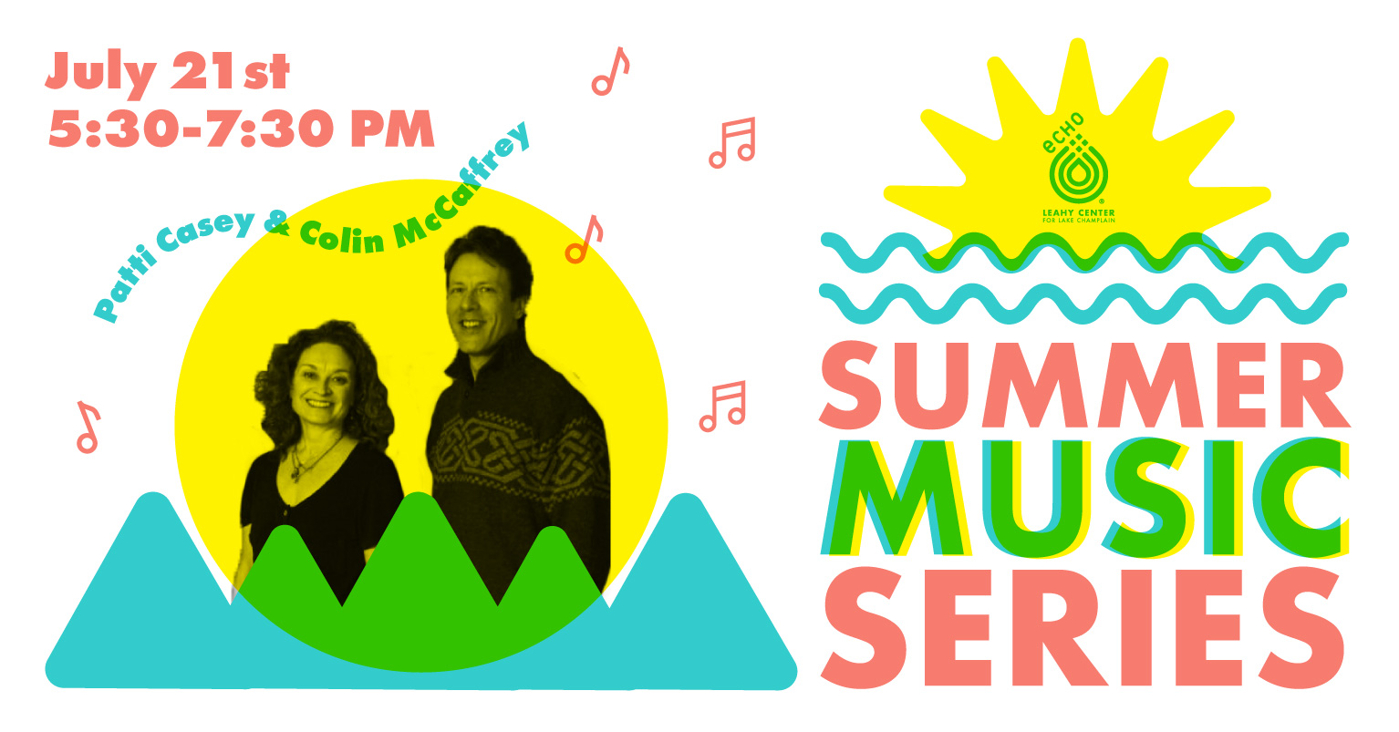 Summer Music Series at ECHO Every Other Wednesday starting June 23. Image of yellow sun, blue green mountains, musician photos in black and white.