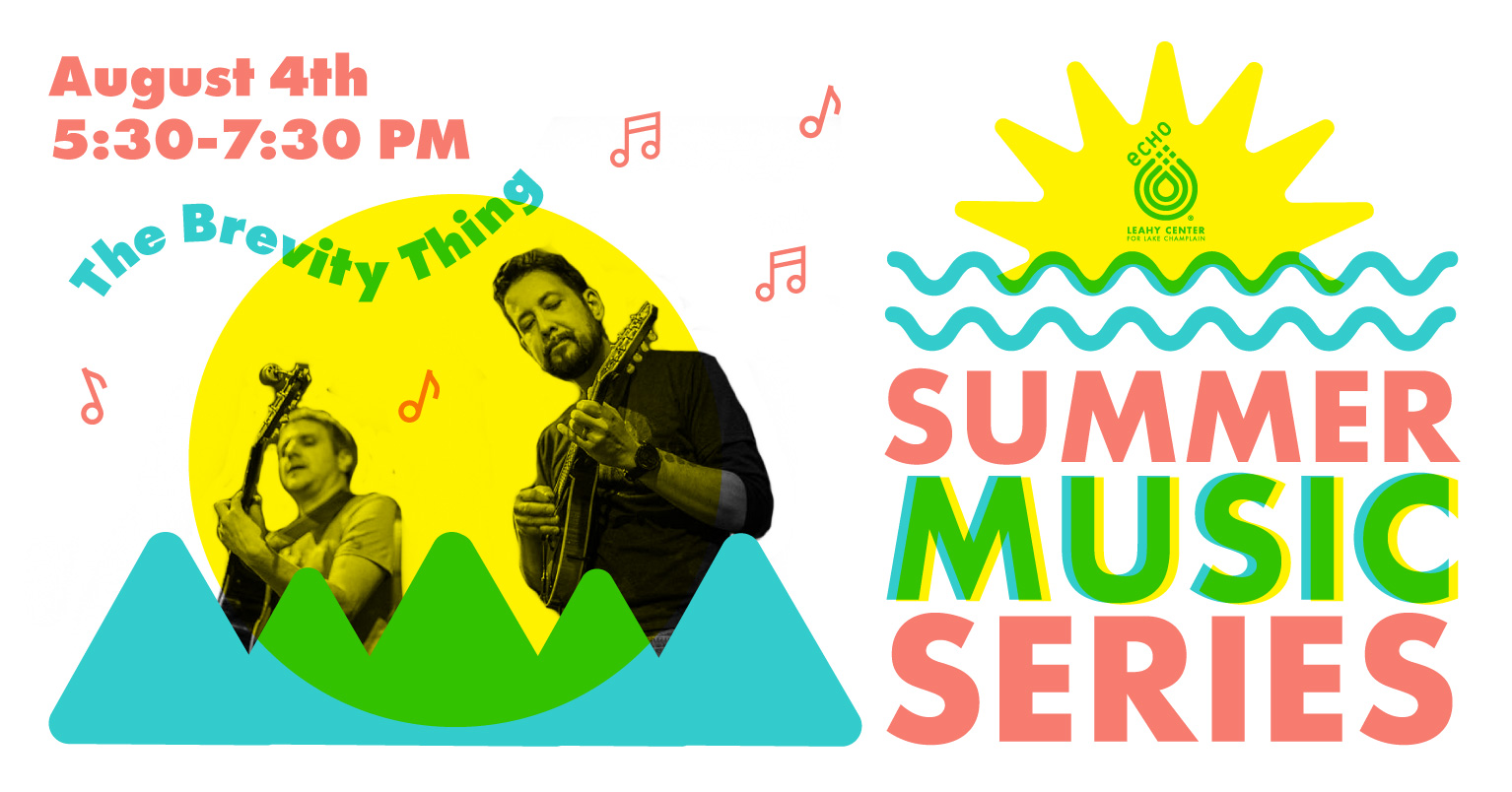 Summer Music Series at ECHO Every Other Wednesday starting June 23. Image of yellow sun, blue green mountains, musician photos in black and white.