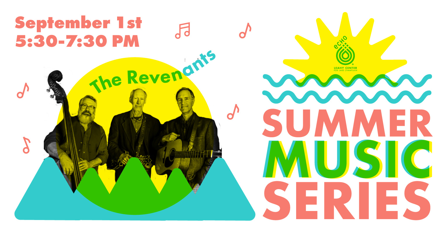 Summer Music Series at ECHO Every Other Wednesday starting June 23. Image of yellow sun, blue green mountains, musician photos in black and white.