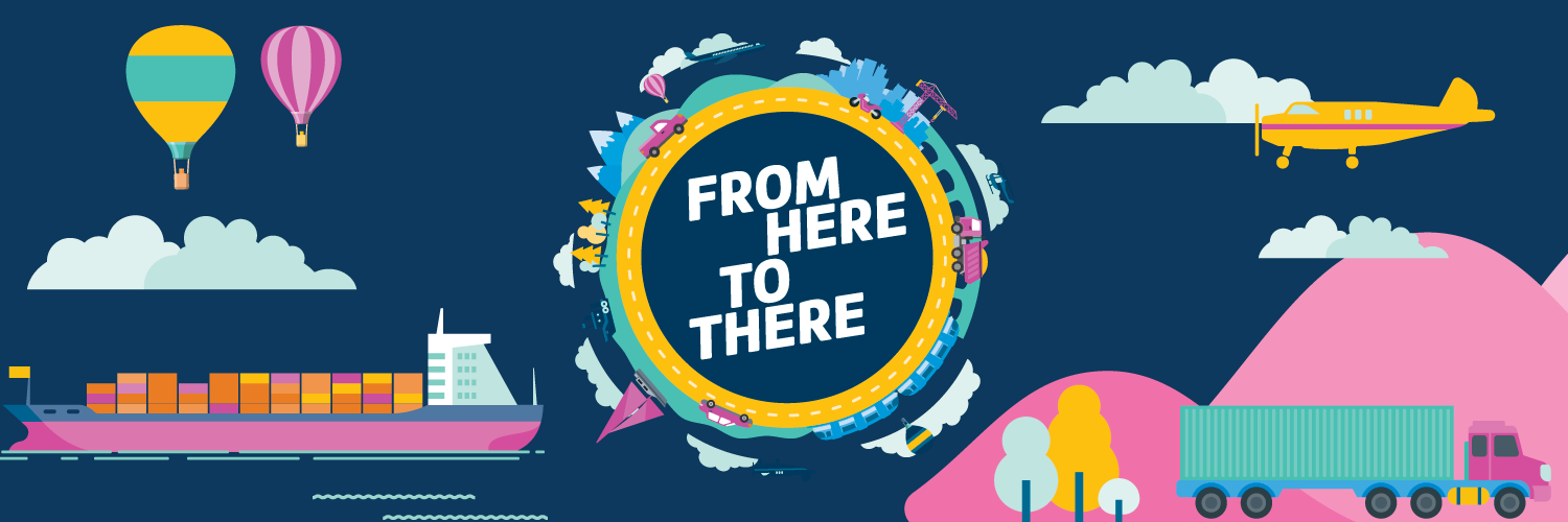 From Here to There title. Bright graphics of hot air balloons, ships, trucks, planes in yellow and pink and blue on a dark blue background.