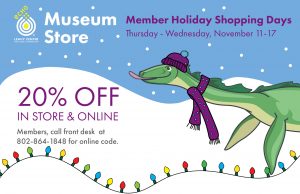 ECHO Museum Store Member Holiday Shopping Days, 20% off in store and online. Image of Champ in a winter hat trying to lick snow and holiday lights.