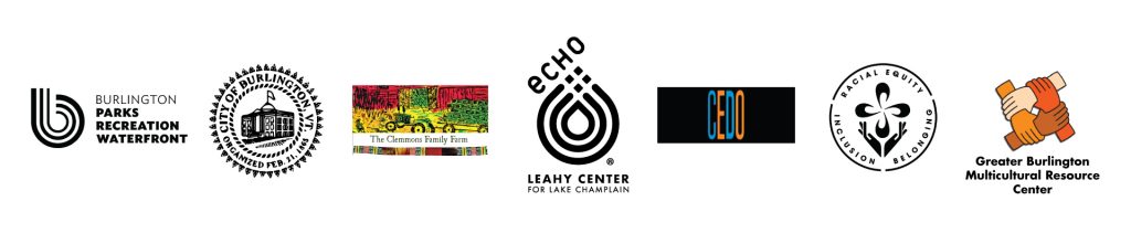 logos from Burlington Parks and Recreation, City of Burlington, Clemmons Family Farm, ECHO, CEDO, Racial Equity, Inclusion, Belonging, Greater Burlington Multicultural Resource Center
