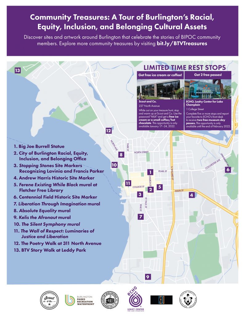 Map of the 13 BIPOC artwork sites in Burlington.