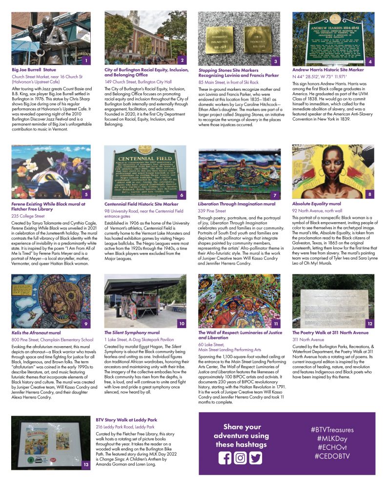 Community Treasure Map with a list of 13 BIPOC artwork sites in Burlington.