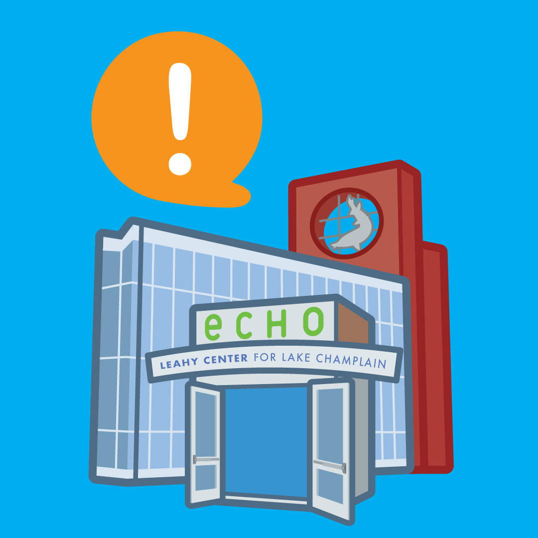 illustration of the ECHO building with an exclamation in a bubble above it.