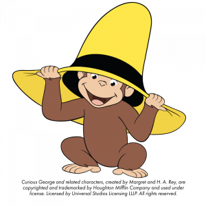Curious George, the monkey, under a large yellow hat and smiling.
