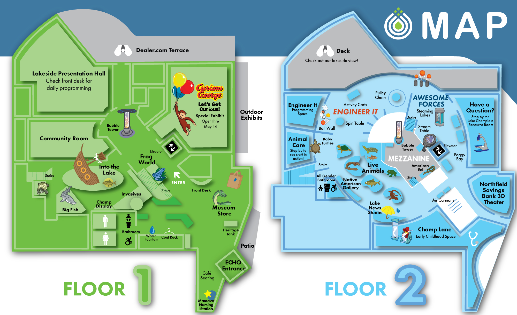 ECHO's Museum Map. Map shows Floor 1 and Floor 2