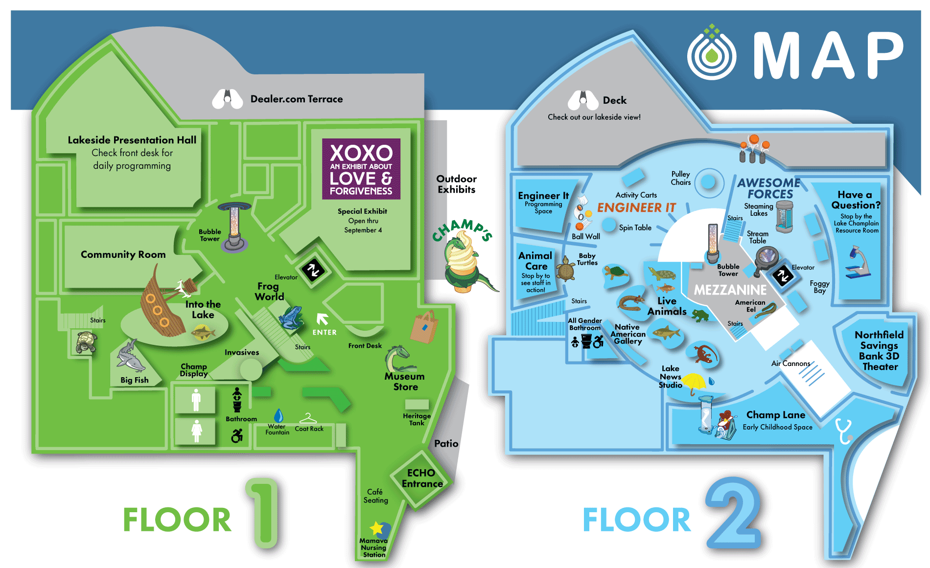 Map of Floor 1, Floor 2, and Mezzanine levels at ECHO