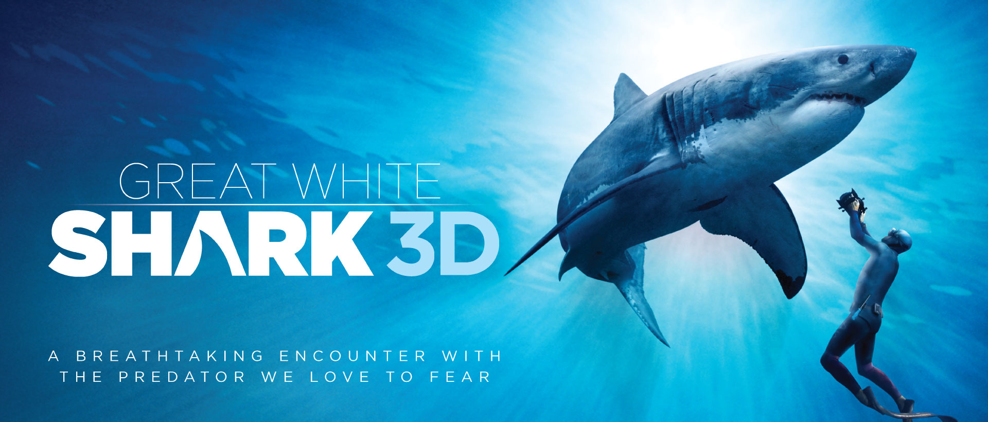 A scuba swimming towards a great white shark in the open ocean. The title reads GREAT WHITE SHARK 3D: A BREATHTAKING ENCOUNTER WITH THE PREDATOR WE LOVE TO FEAR.