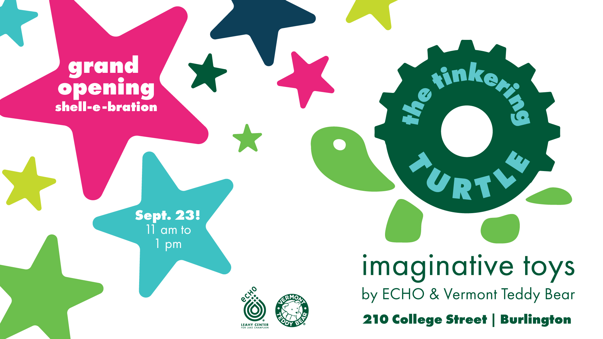 The Tinkering Turtle imaginative toys by ECHO Leahy Center for Lake Champlain and Vermont Teddy Bear, 210 College Street, Burlington, Grand opening Shell-e-bration on September 23, 11 am to 1 pm