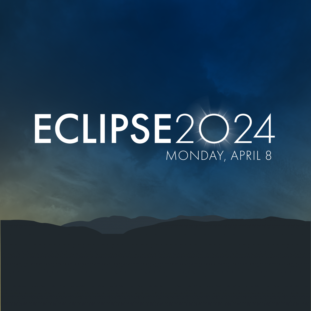 Graphic of a night sky above mountains with logo text that reads "Eclipse 2024 Monday, April 8"