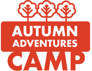 Red and white graphic that reads "AUTUMN ADVENTURES CAMP" under three trees.