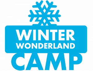 Blue and white graphic that reads "winter wonderland camp"