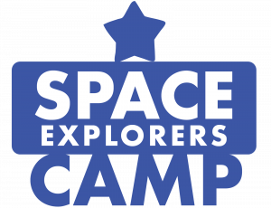 Blue and white graphic that reads "Space Explorers Camp"