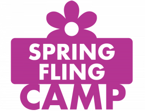 Magenta and white graphic that reads "spring fling camp"