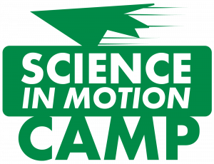 Green and white graphic which reads "Science in Motion Camp"