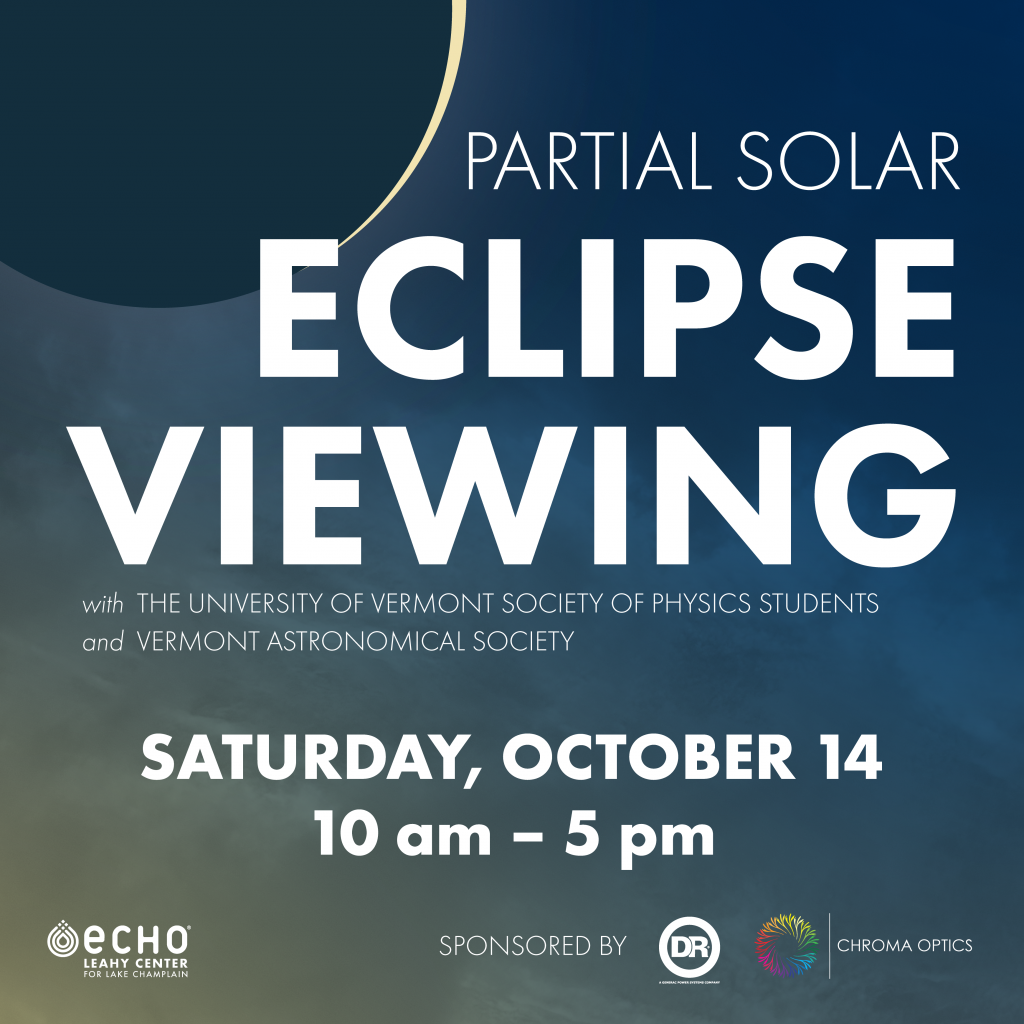 Graphic of a night sky with text that reads "Partial Solar Eclipse Viewing with The University of Vermont Society of Physics Students and Vermont Astronomical Society, Saturday, October 14, 10 am - 5 pm"