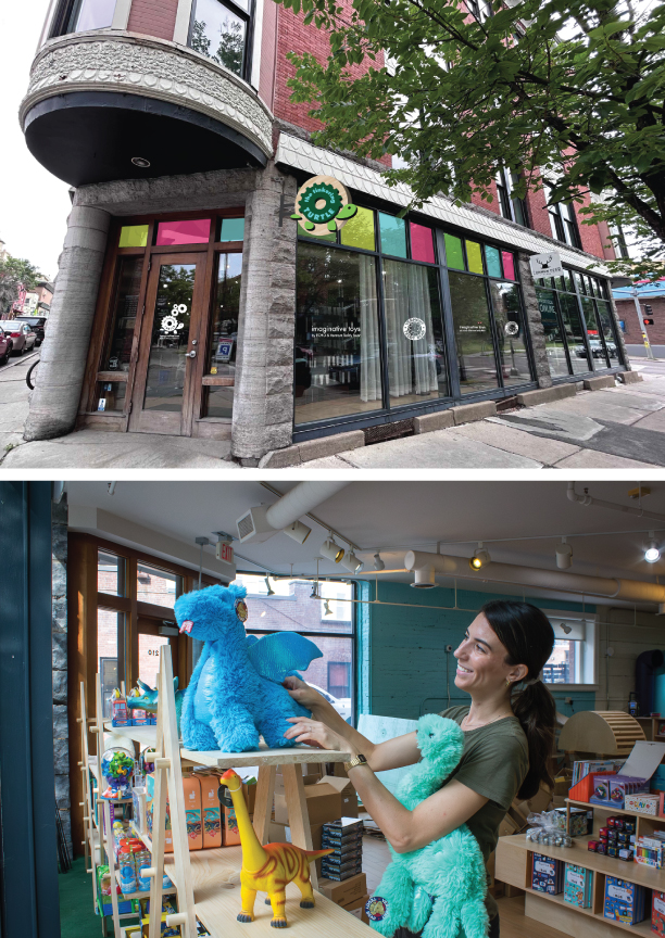 exterior of The Tinkering Turtle building and photo of a store employee smiling while putting a dragon and champ stuffy on toy store shelves.