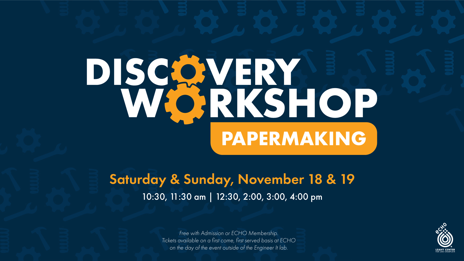 Blue & orange promotional graphic for the papermaking Discovery Workshop