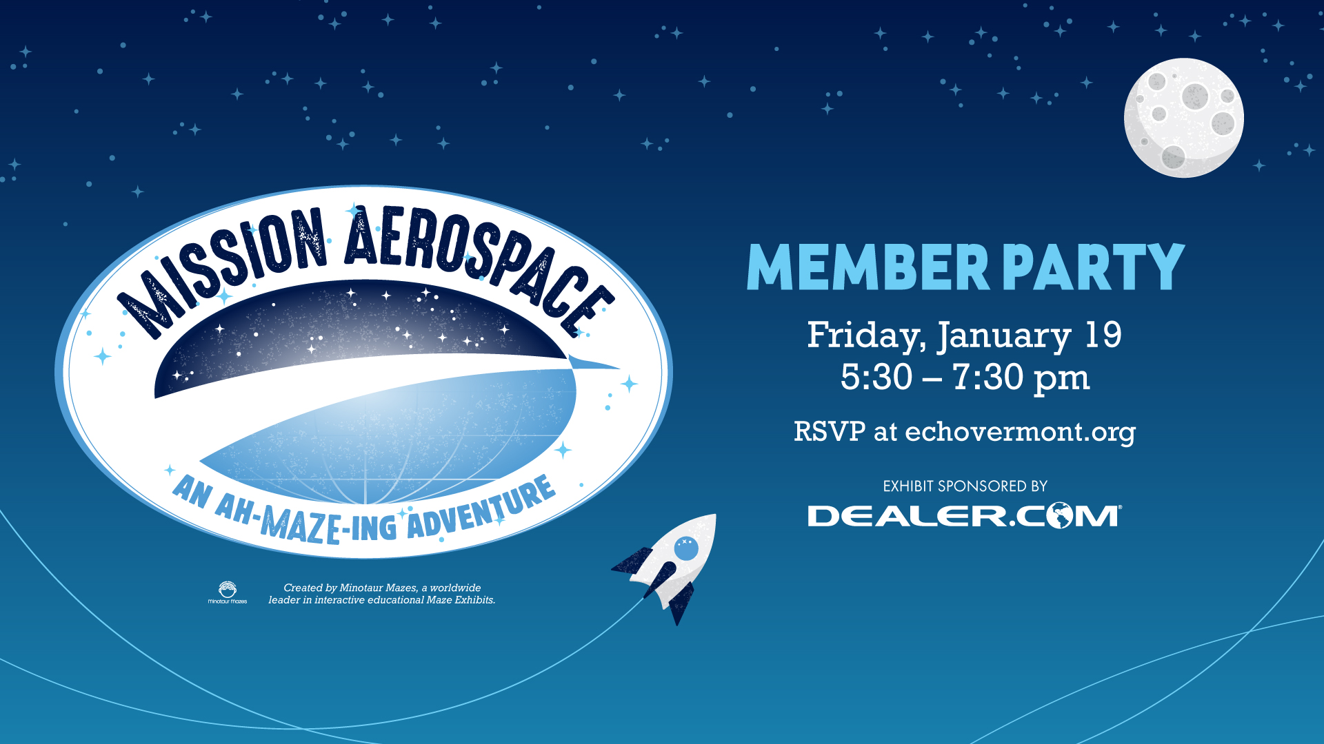 Graphic with a dark blue background and Mission Aerospace logo. Text reads "Member Party Friday, January 19, 5:30-7:30 pm. RSVP at echovermont.org"
