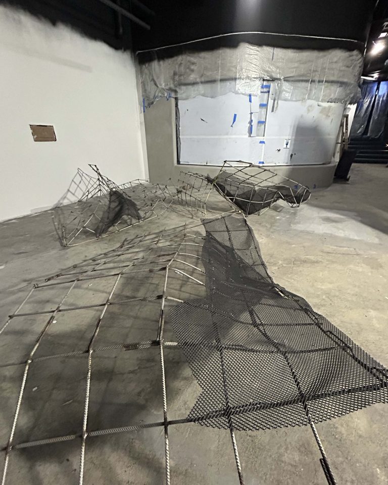 Photo of wire mesh in front of the big new Lake Tank
