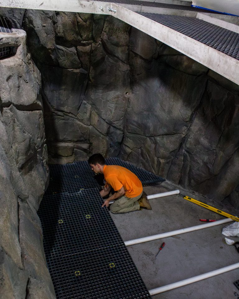 A contractor kneels on the floor of ECHO's lake tank to install large sheets of metal grating for the filtration system. Around him, large faux rocks decorate the tank's walls.