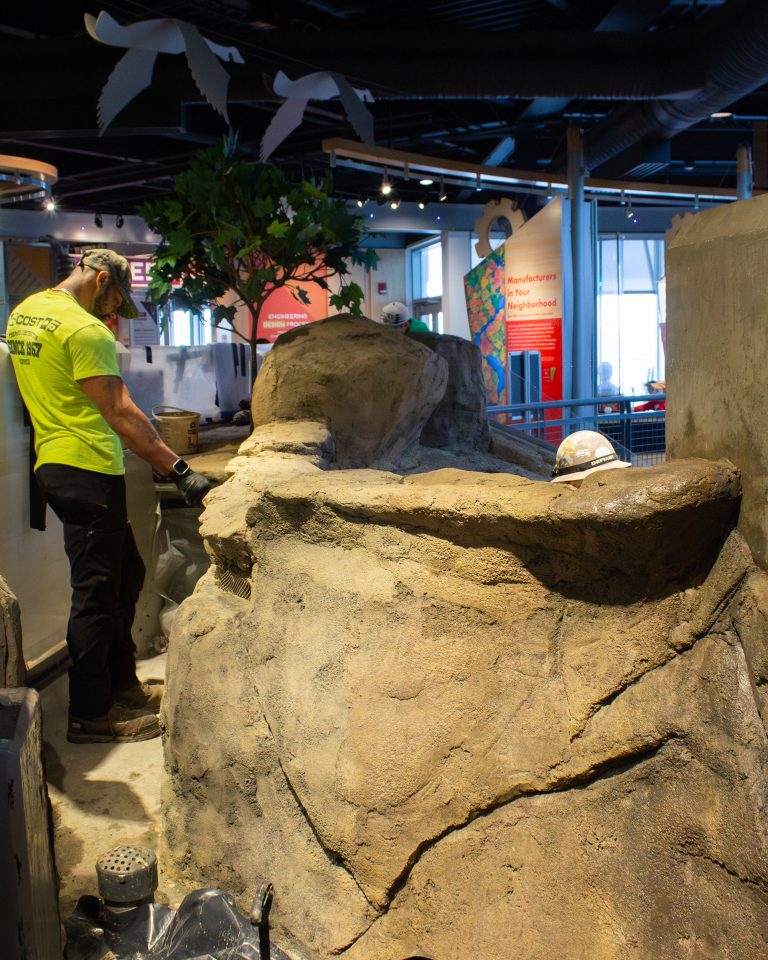 A view of the inside of ECHO's Upper River tank, where brand-new faux rocks have been sculpted and painting is underway.