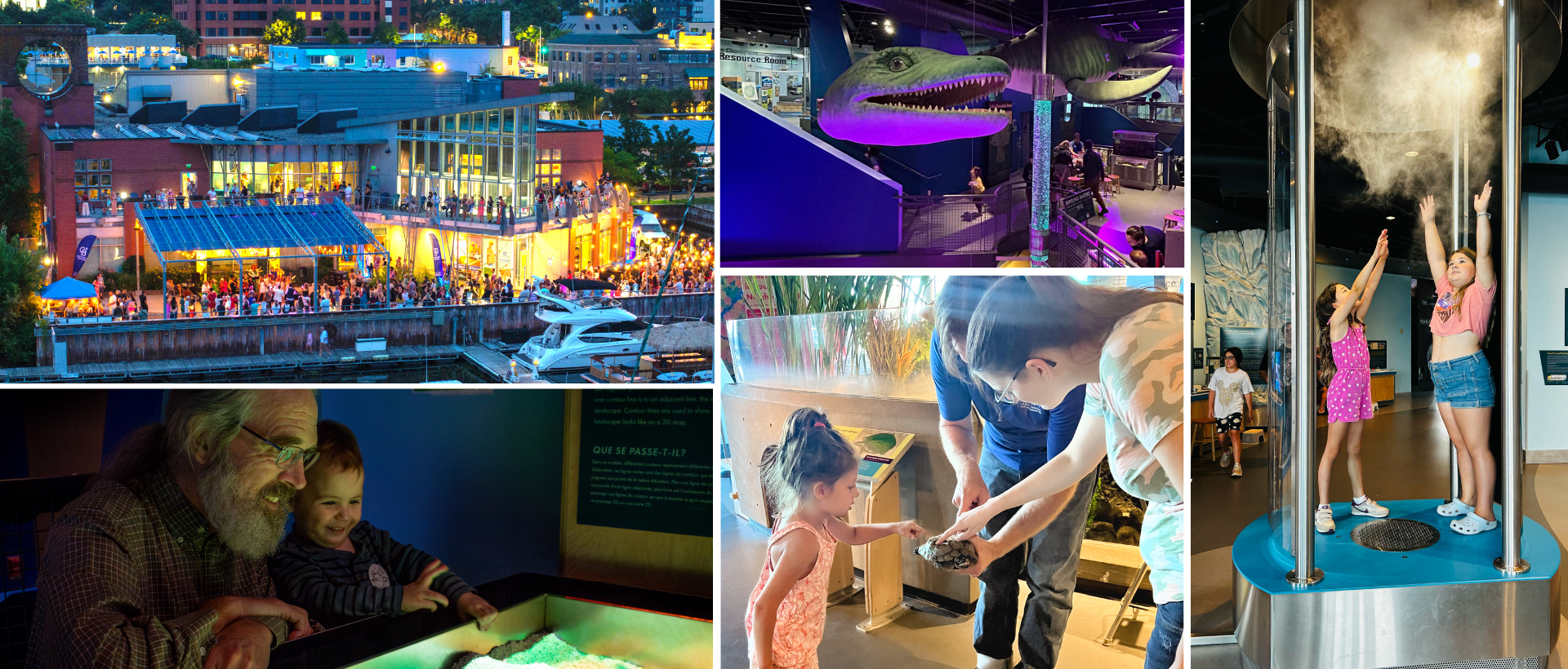 Images of ECHO's building lit up at night with a party, young girl touching a turtle during a back of house animal care tour, Champ sculpture lit up for a party, father and son playing at sand table, two girls reaching up inside the steam devil exhibit
