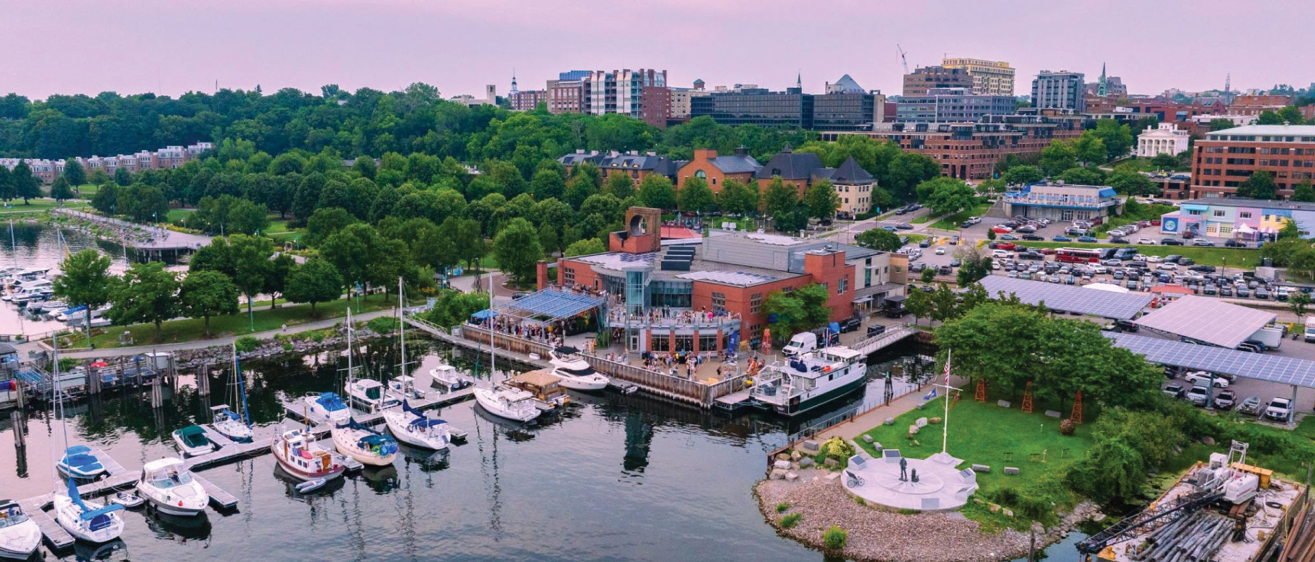 Top view of ECHO on the lake and Burlington in the back