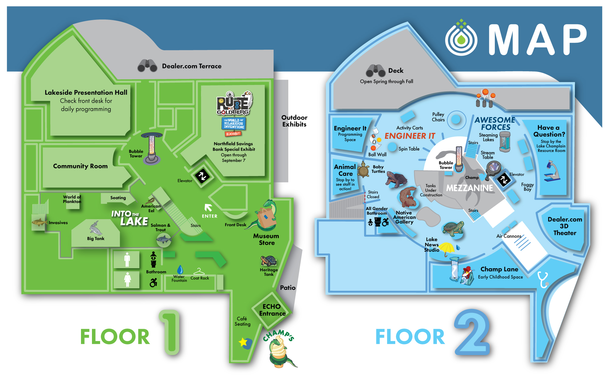 Illustrated map of ECHO with floors 1 and 2 and mezzanine level